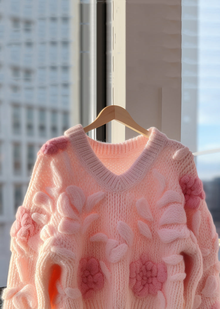 Pink V Neck Original Design Knit Cardigans Fall Qv060