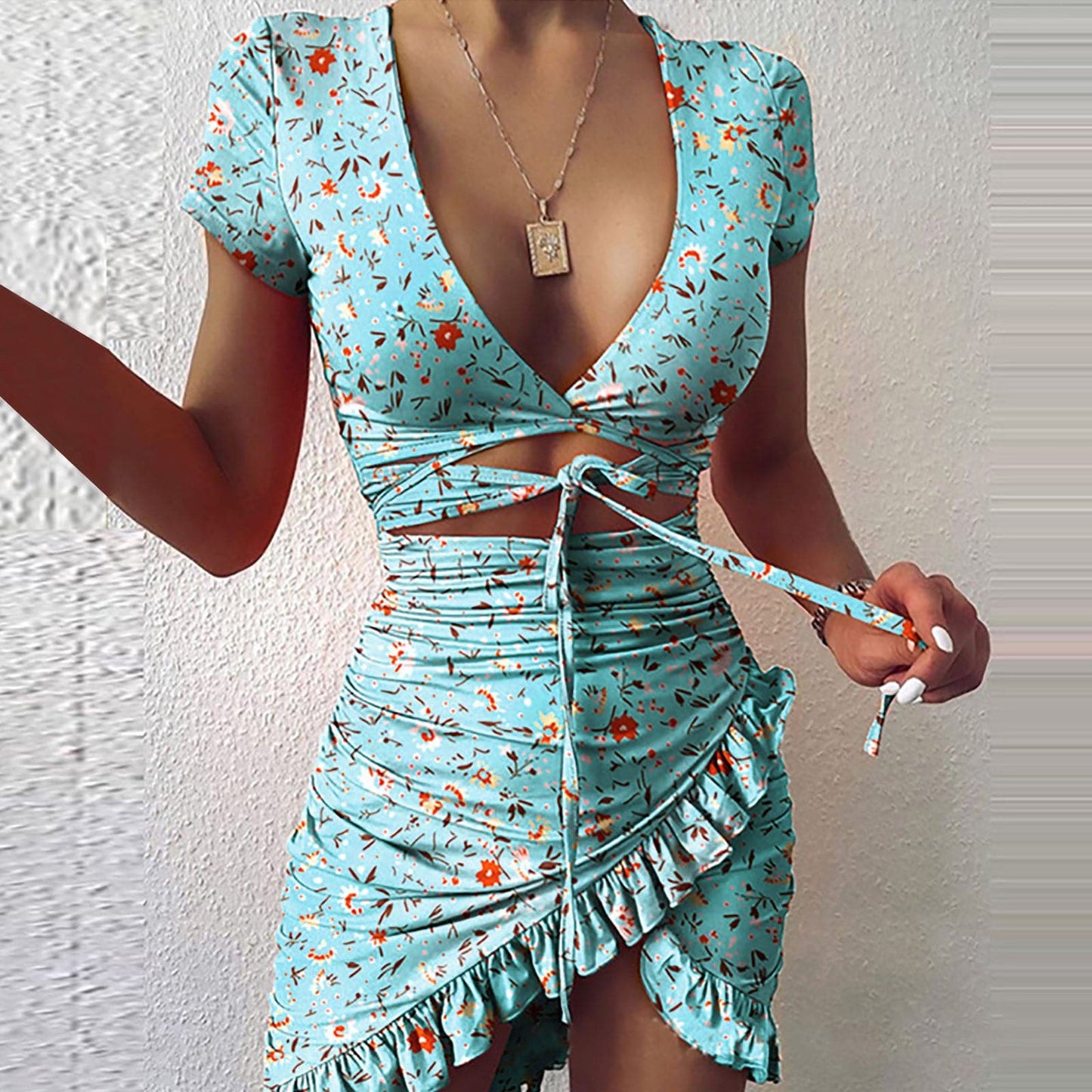 Print Tie Up Wrap Mini Dress