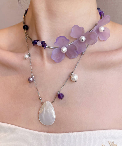 Purple Pearl Shell Alloy Two Piece Set Pendant Necklace