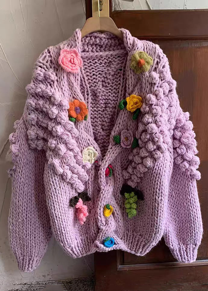 Purple V Neck Button Cozy Knit Cardigans Winter Wy010