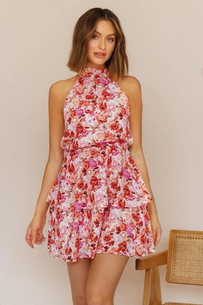 Halter Neck Backless Ruffle Hem Mini Dress