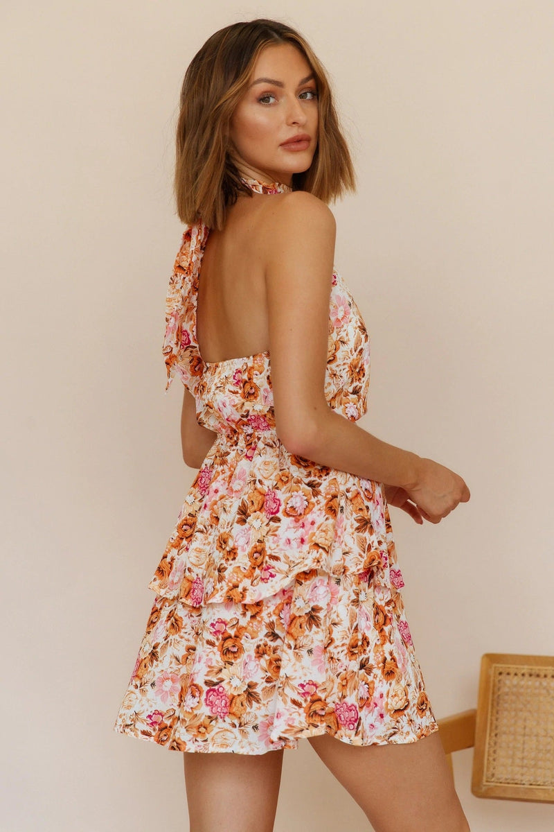 Halter Neck Backless Ruffle Hem Mini Dress