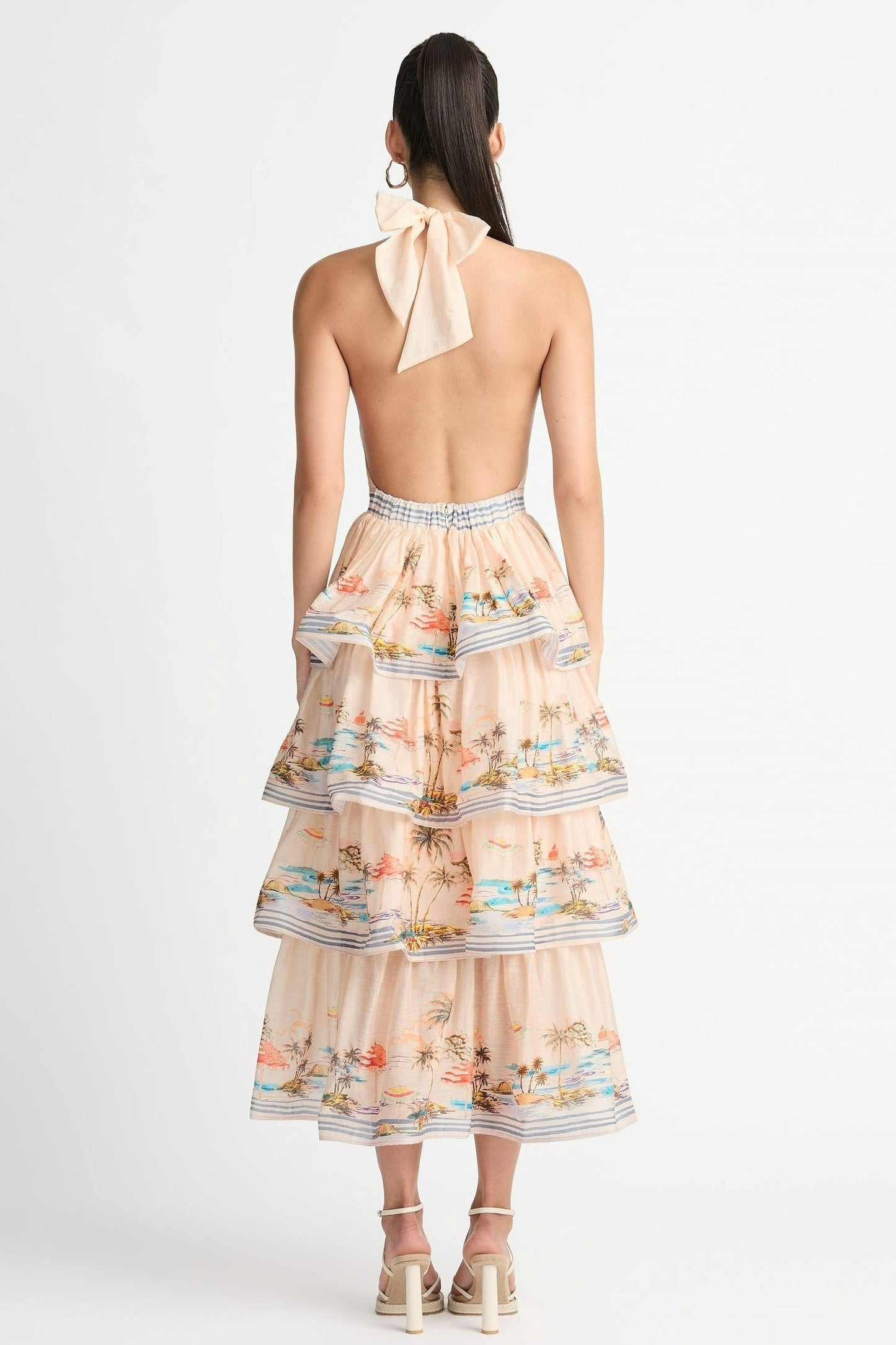Halter Neck Backless Tiered Ruffle Hem Maxi Dress