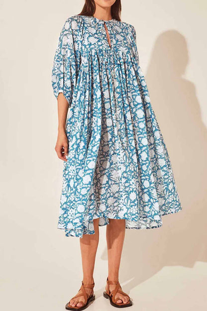 Printed Lantern Sleeve V Neck Midi Dress