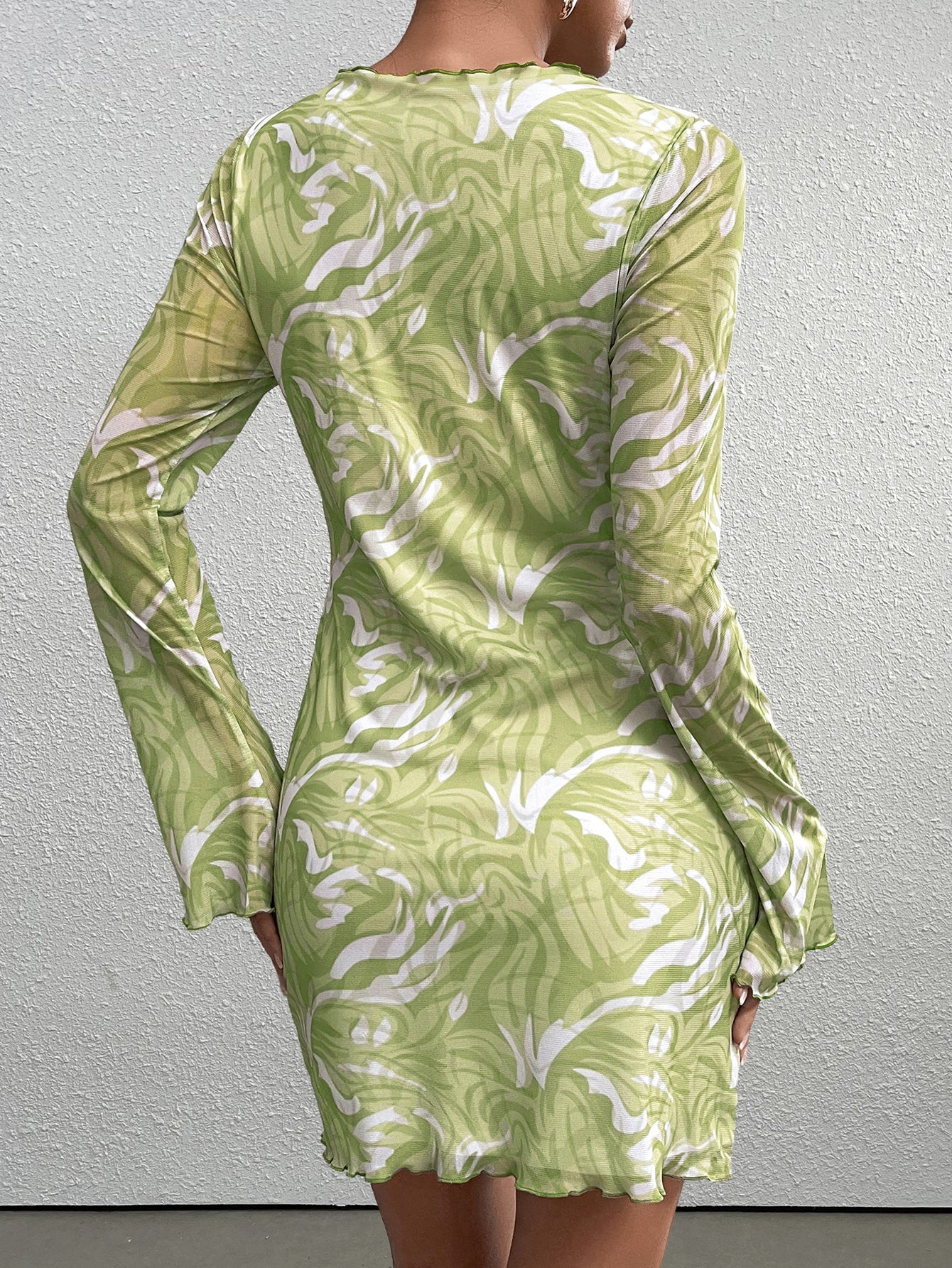 Flounce Sleeve Print Mesh Mini Dress