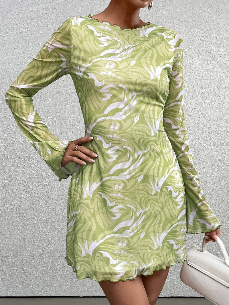 Flounce Sleeve Print Mesh Mini Dress