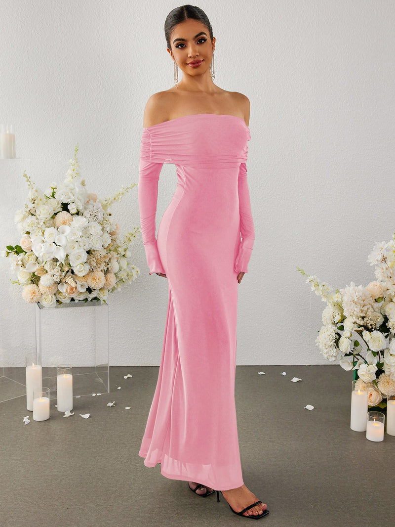 Flounce Sleeve Off Shoulder Mesh Bodycon Dress