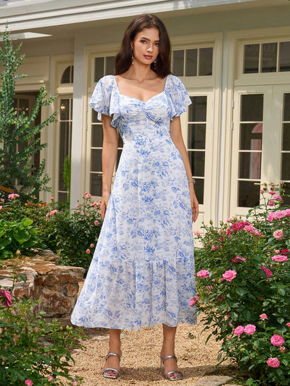 Flounce Sleeve Ruched Backless Print Dress