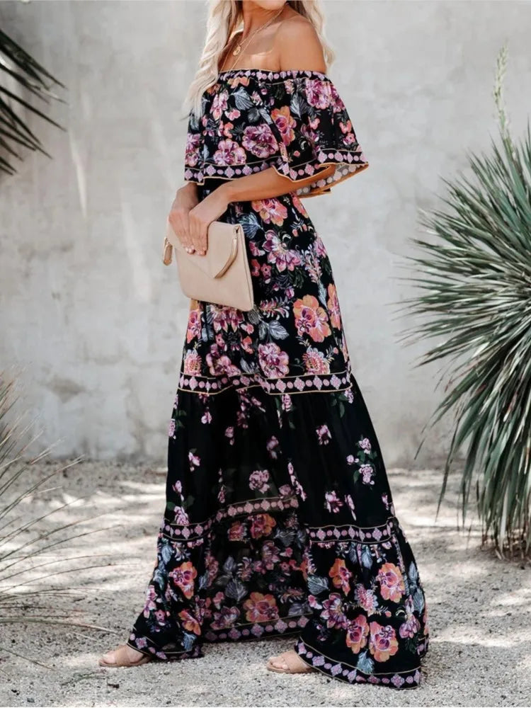Flower Print Off Shoulder Long Dresses for Spring Summer New Temperament High Waist Leace-up Dress Female Vestidos