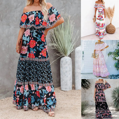 Flower Print Off Shoulder Long Dresses for Spring Summer New Temperament High Waist Leace-up Dress Female Vestidos