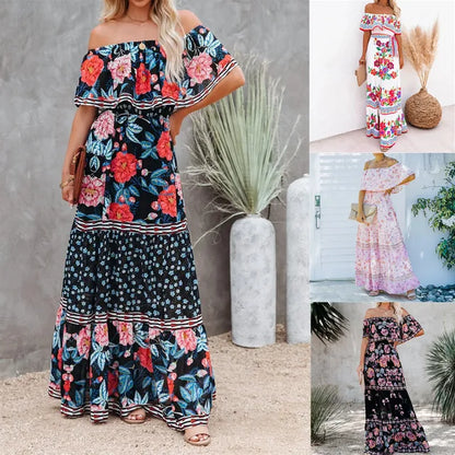 Flower Print Off Shoulder Long Dresses for Spring Summer New Temperament High Waist Leace-up Dress Female Vestidos