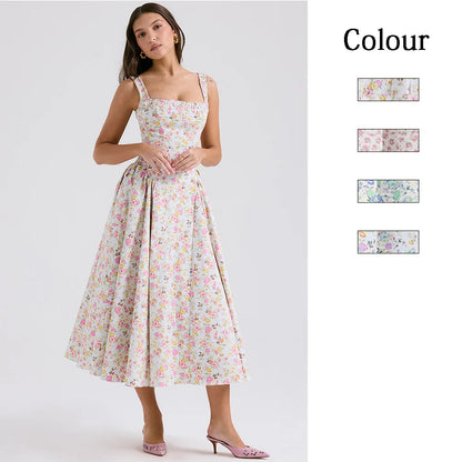 Flower Print Spaghetti Strap Dresses Backless Low Cut Folds Vacation Style Slim Midi Dress Female Vestidos