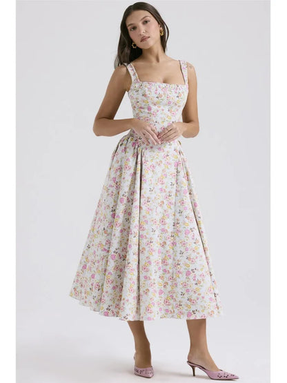 Flower Print Spaghetti Strap Dresses Backless Low Cut Folds Vacation Style Slim Midi Dress Female Vestidos