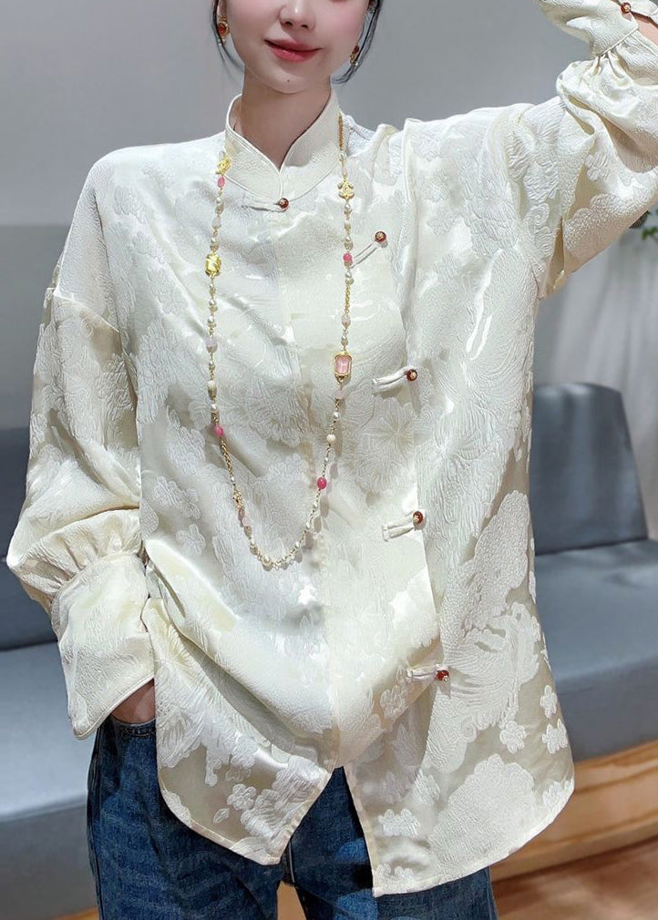 French Apricot Stand Collar Print Silk Blouses Spring Qa1053