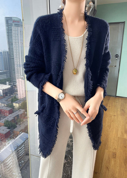 French Apricot Tasseled Pockets Wool Loose Cardigans Fall Wo019