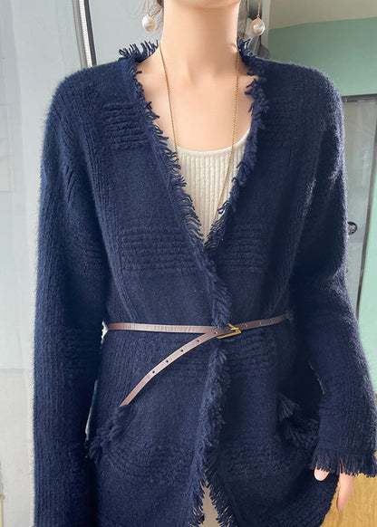 French Apricot Tasseled Pockets Wool Loose Cardigans Fall Wo019