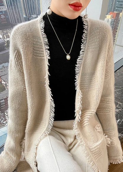 French Apricot Tasseled Pockets Wool Loose Cardigans Fall Wo019