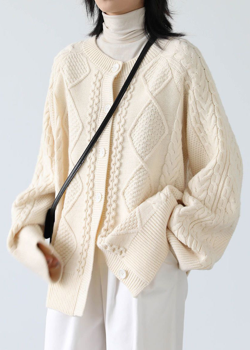 French Beige O Neck Button Cable Knit Coats Spring Yw019