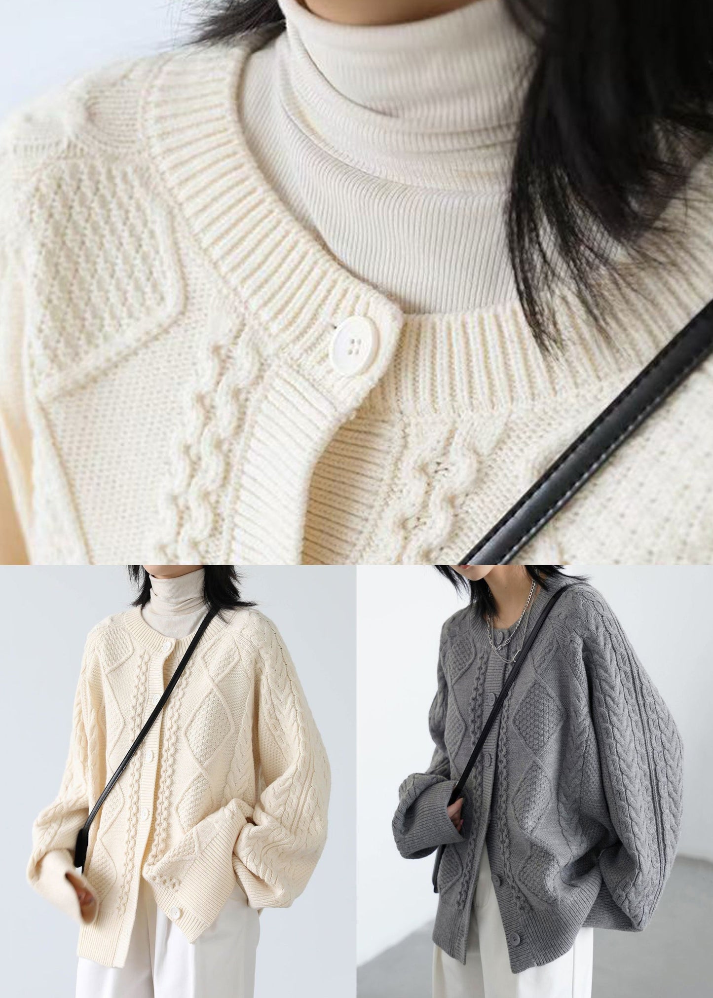 Grey Button Cozy Loose Knit Coat O Neck Spring Yw020