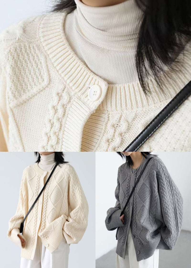 Grey Button Cozy Loose Knit Coat O Neck Spring Yw020