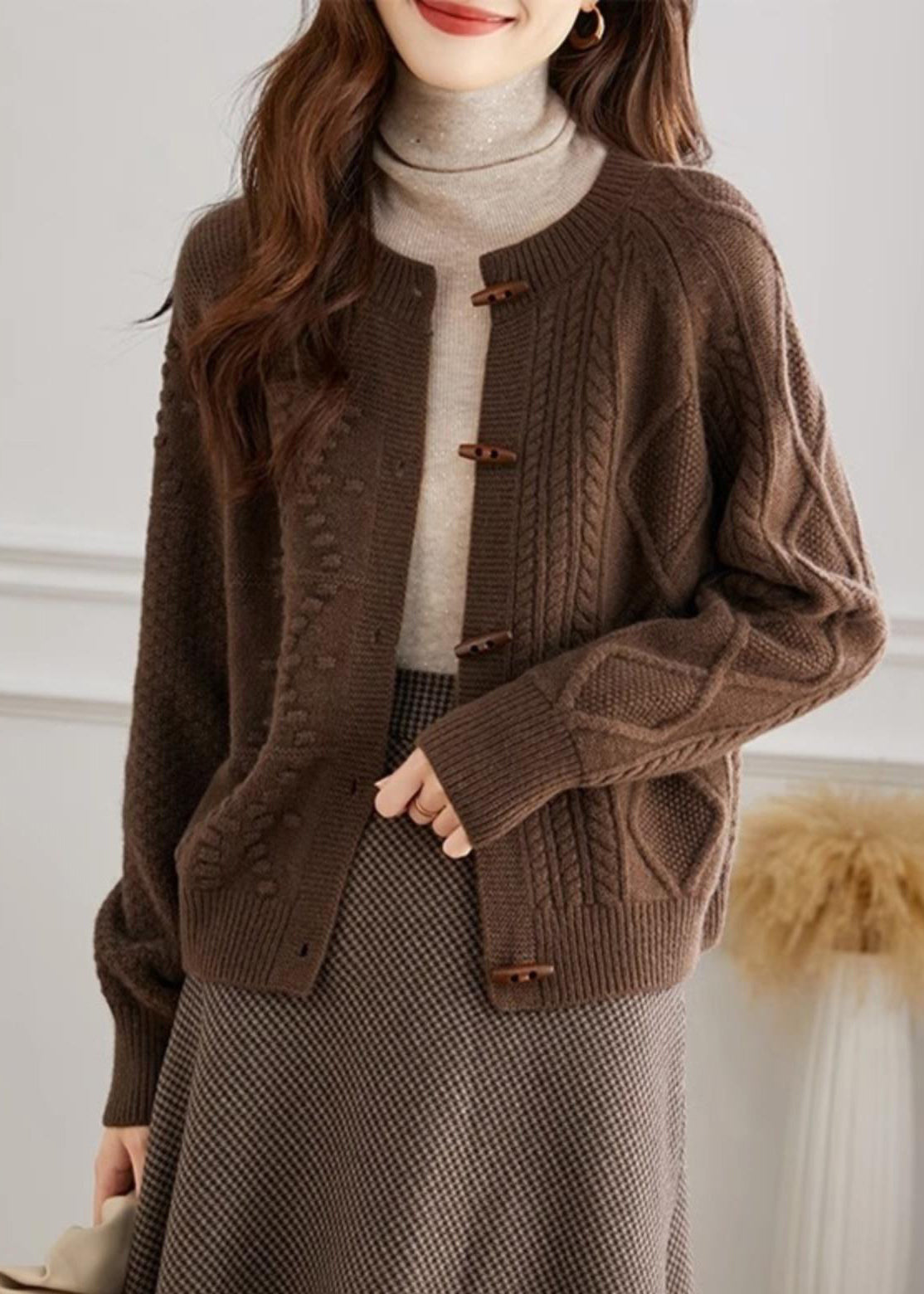 French Beige O Neck Button Cozy Knit Cardigan Fall Qi018