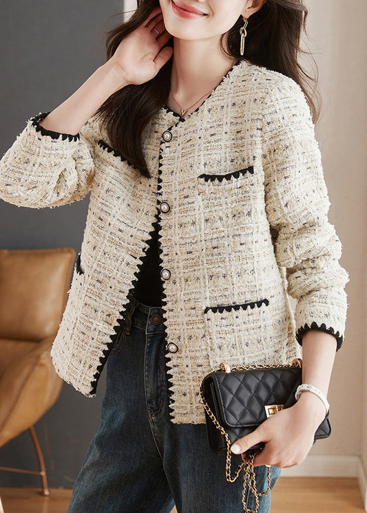 French Beige O Neck Button Pockets Cotton Coats Spring Th038