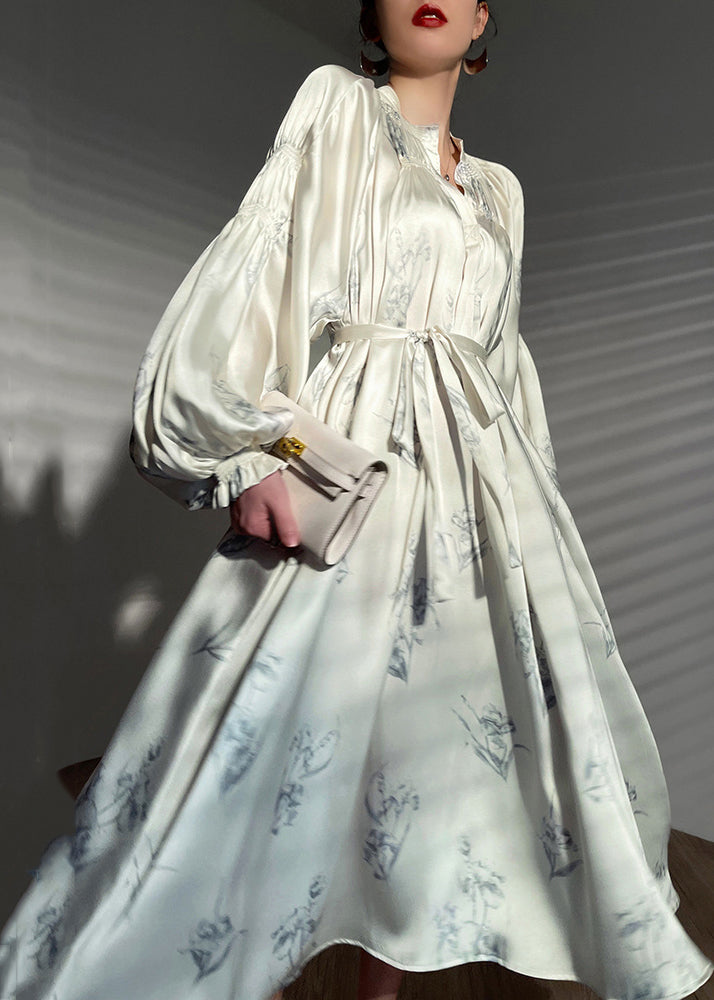 French Beige Print Tie Waist Silk Maxi Dress Long Sleeve Aj1016