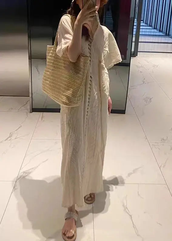 French Beige V Neck Hollow Out Cotton Long Dress Summer Cg1018