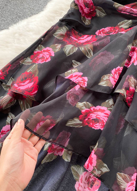 French Black Cinched Print Chiffon Long Dresses Summer Tr024