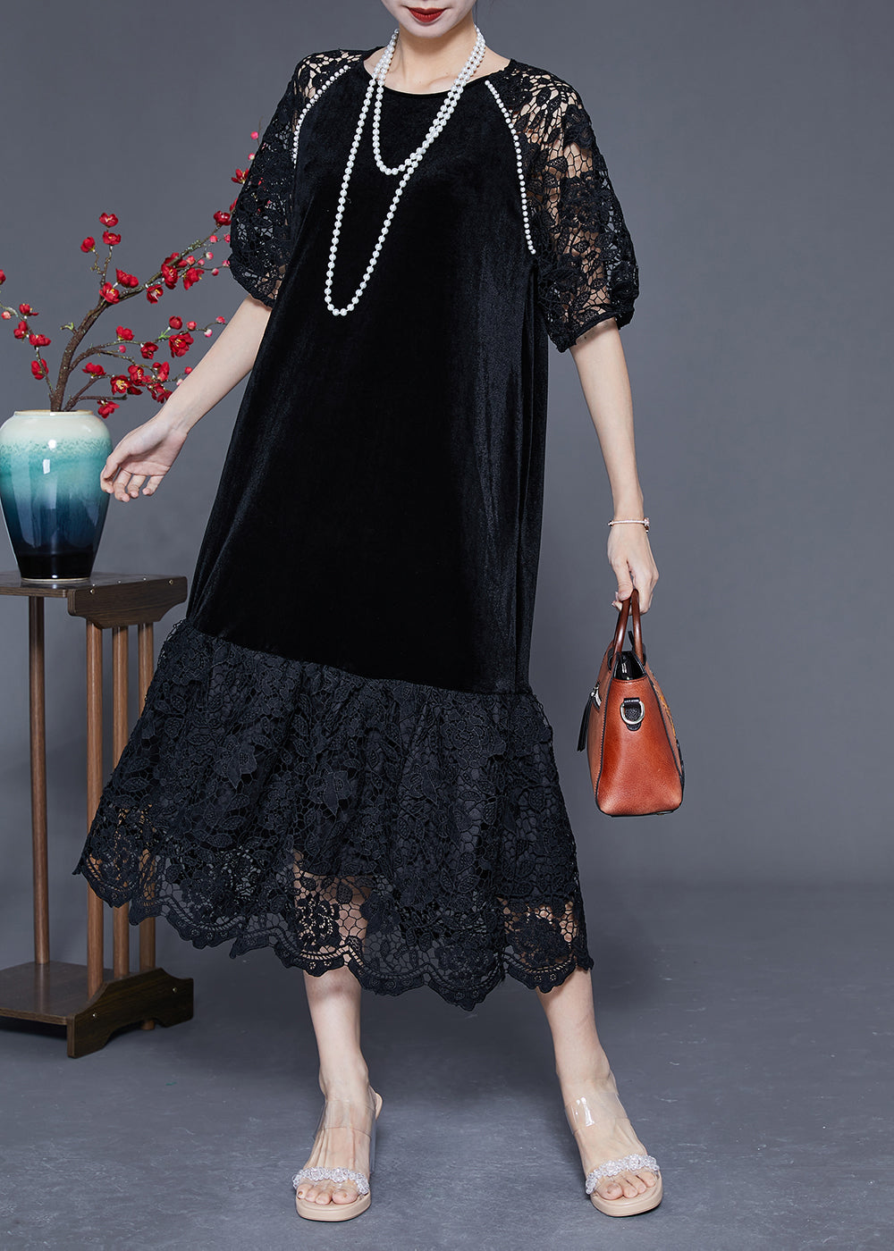 French Black Hollow Out Lace Patchwork Silk Velour Maxi Dresses Summer Ly1765