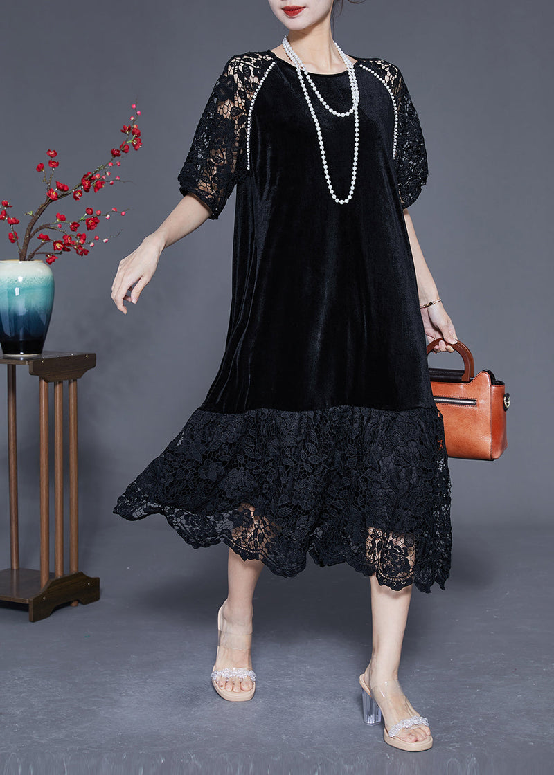 French Black Hollow Out Lace Patchwork Silk Velour Maxi Dresses Summer Ly1765