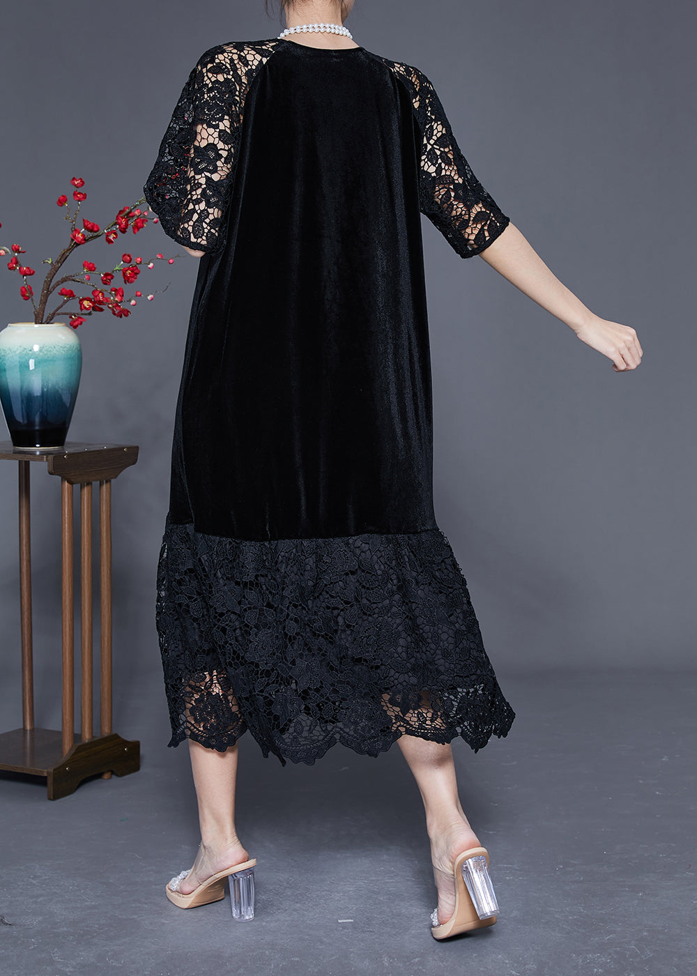 French Black Hollow Out Lace Patchwork Silk Velour Maxi Dresses Summer Ly1765