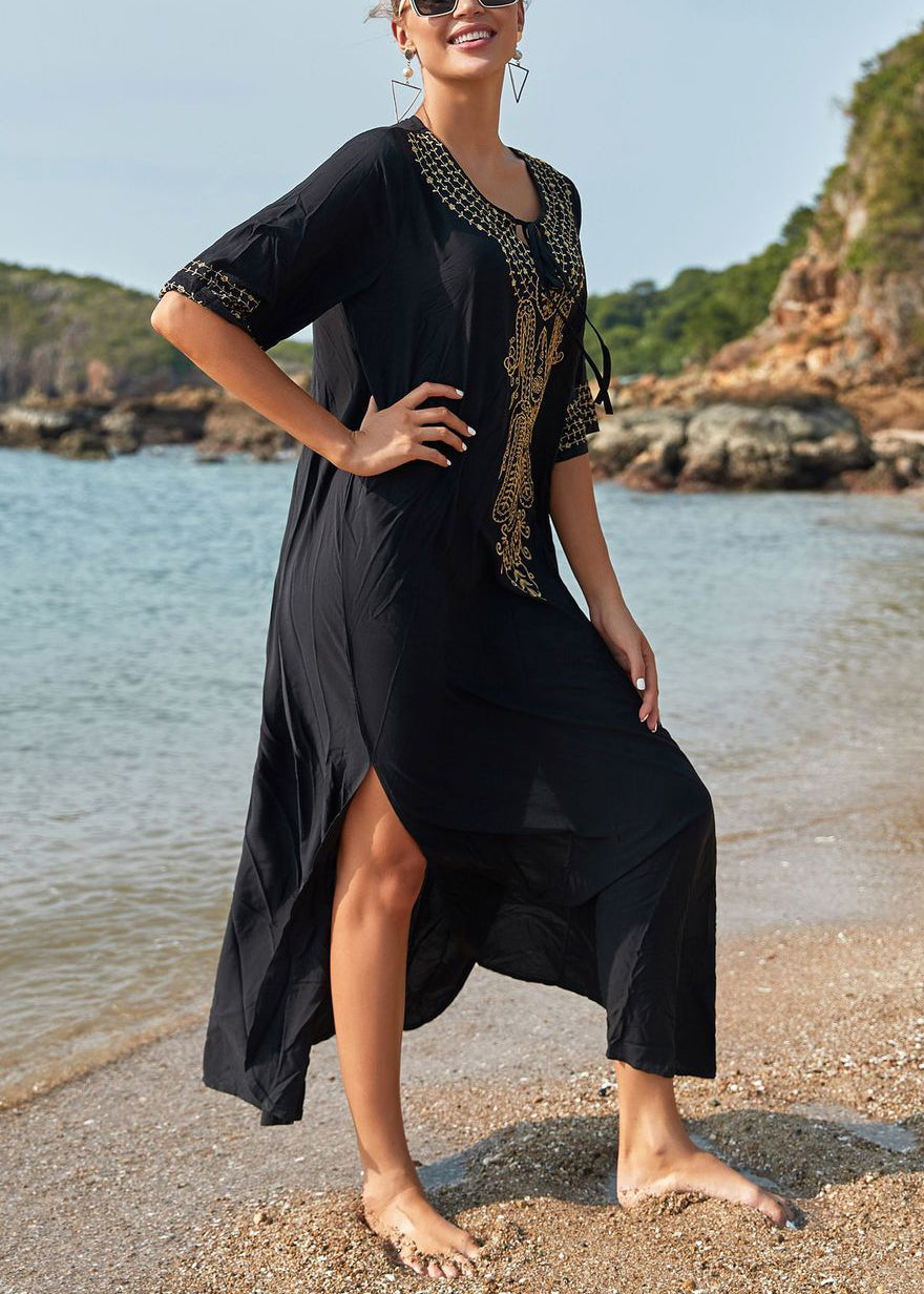 French Black Lace Up Side Open Cotton Long Dresses Summer Aa1052