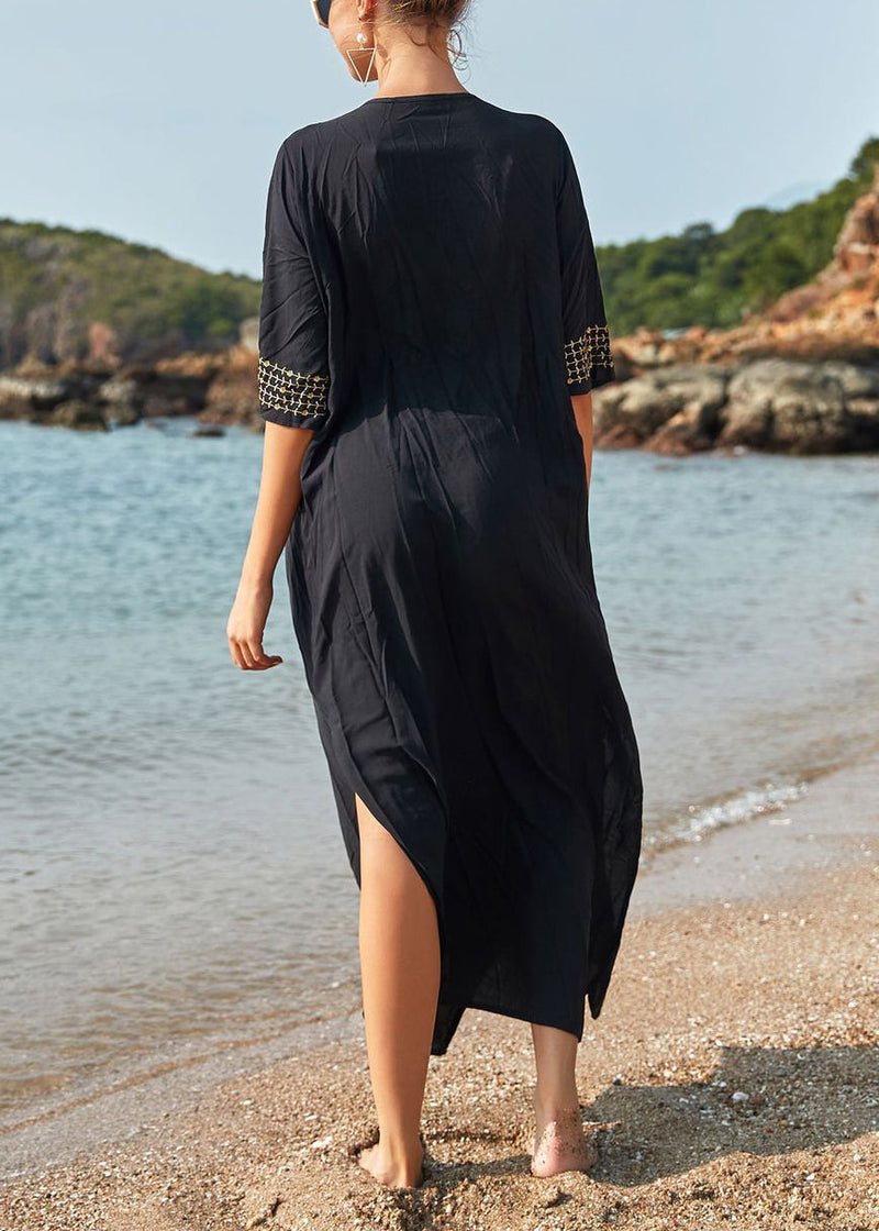 French Black Lace Up Side Open Cotton Long Dresses Summer Aa1052