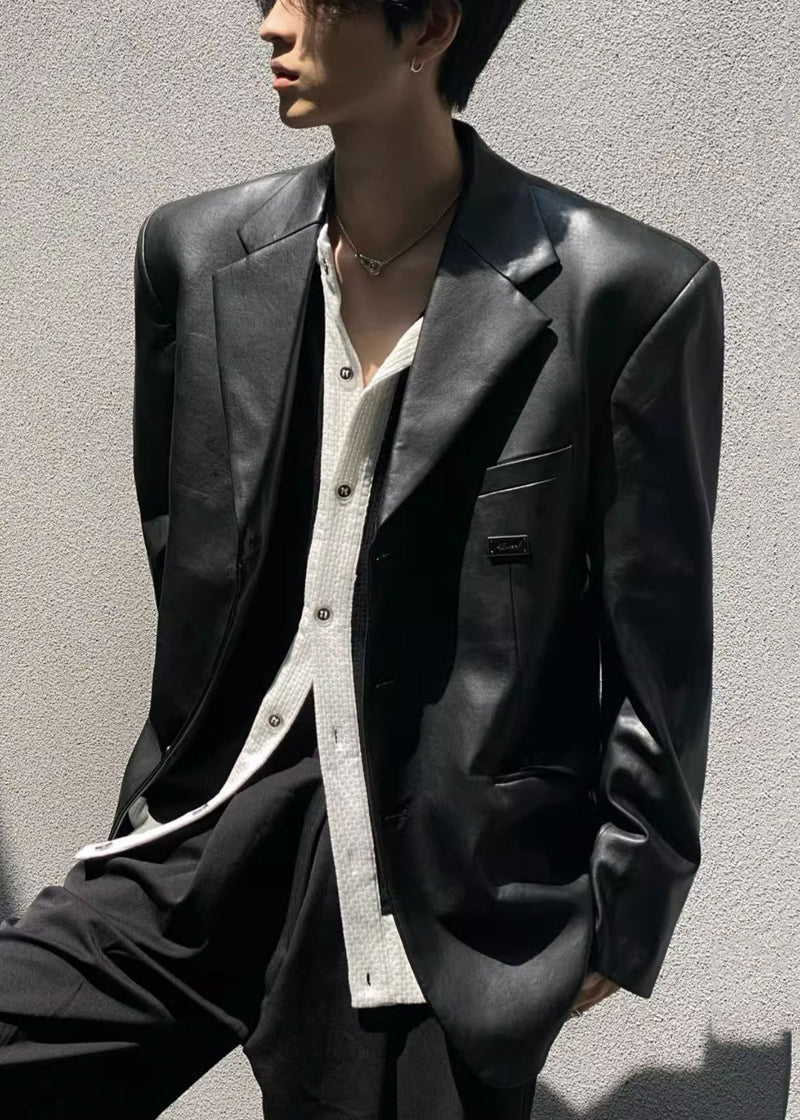 French Black Notched Button Faux Leather Coat Spring Rn033