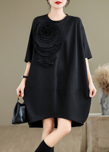 French Black O-neck Wrinkled Long Dresses Summer Uu036