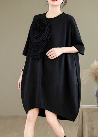 French Black O-neck Wrinkled Long Dresses Summer Uu036