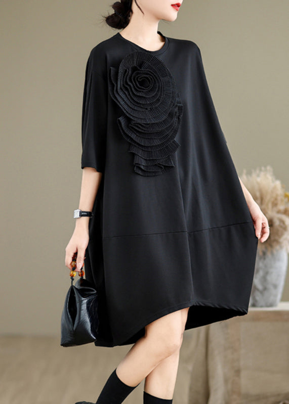 French Black O-neck Wrinkled Long Dresses Summer Uu036