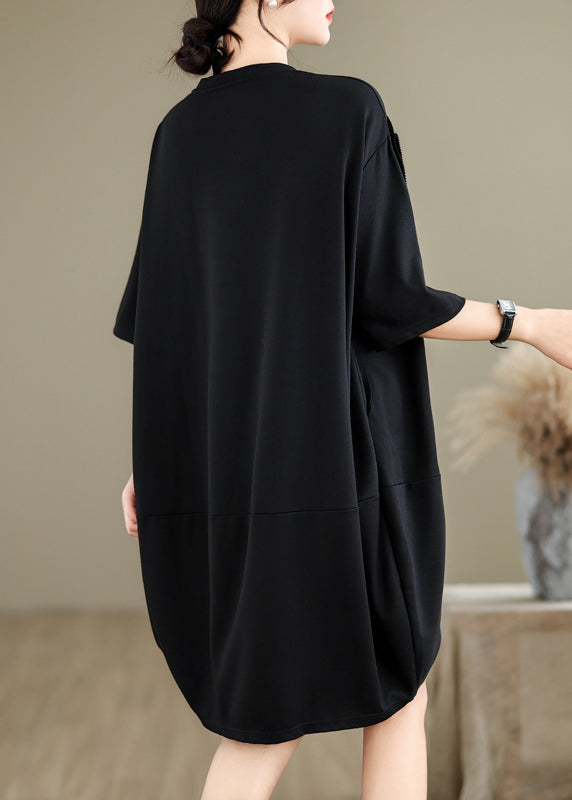 French Black O-neck Wrinkled Long Dresses Summer Uu036