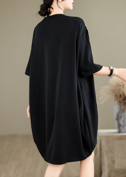 French Black O-neck Wrinkled Long Dresses Summer Uu036