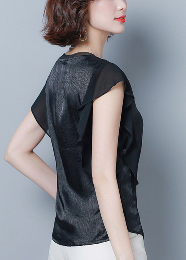 French Black O-neck Patchwork Ruffles Silk Blouse Top Summer Ly0462