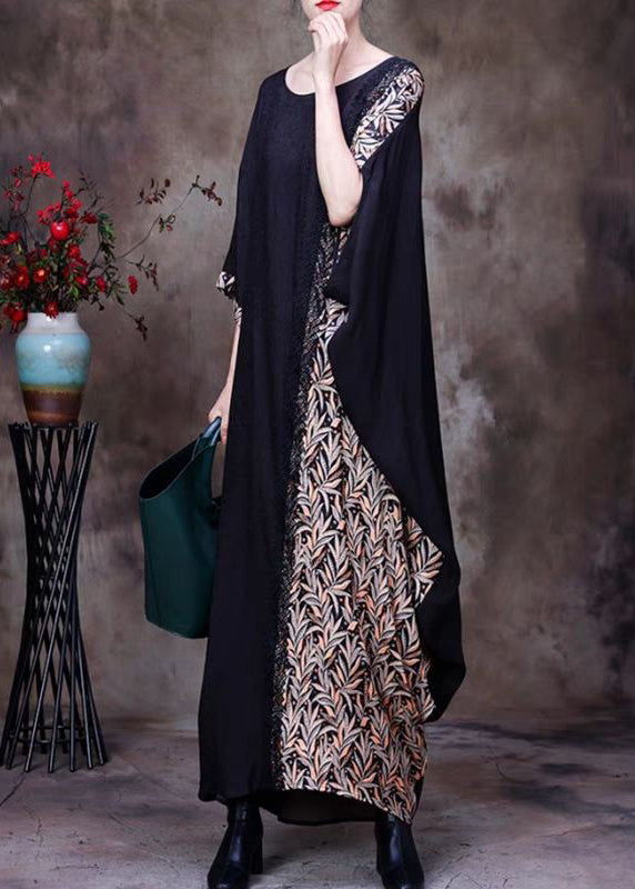 French Black O Neck Print Patchwork Silk Long Dresses Half Sleeve Op1039