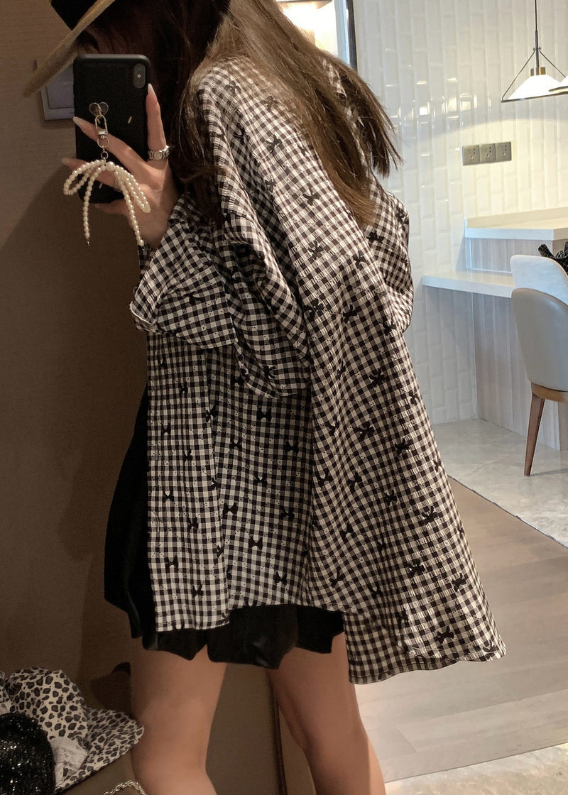 French Black Plaid Stand Collar Button Cotton Blouses Spring Vv008