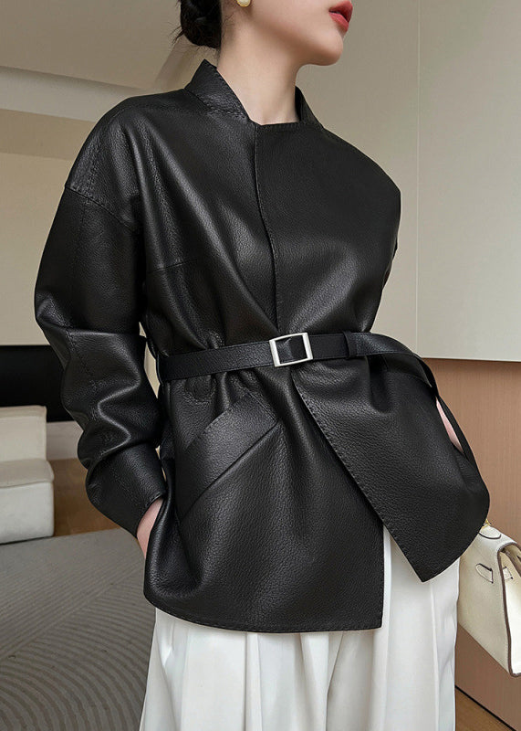 Coats French Pockets Spring Faux Leather Sashes Black