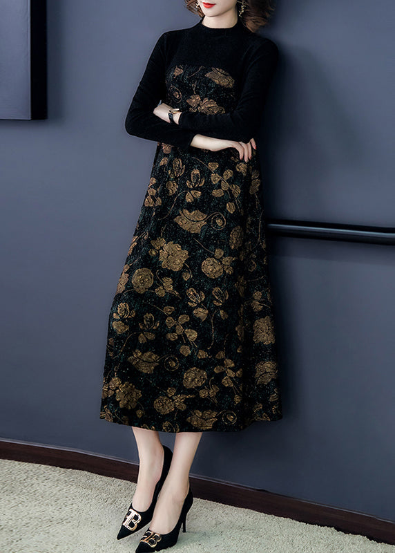 French Black Print Patchwork Warm Fleece Maxi Dress Spring Oo041