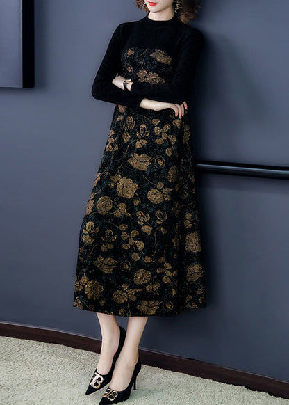 French Black Print Patchwork Warm Fleece Maxi Dress Spring Oo041