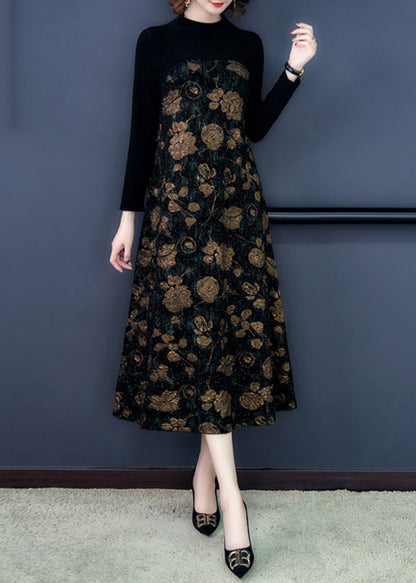 French Black Print Patchwork Warm Fleece Maxi Dress Spring Oo041