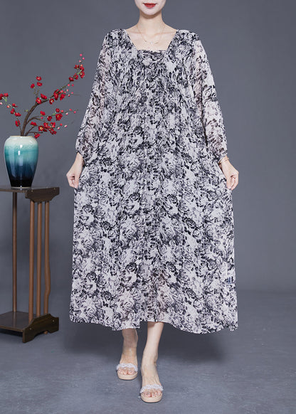 French Black Square Collar Oversized Print Chiffon Long Dress Lantern Sleeve Ly1814
