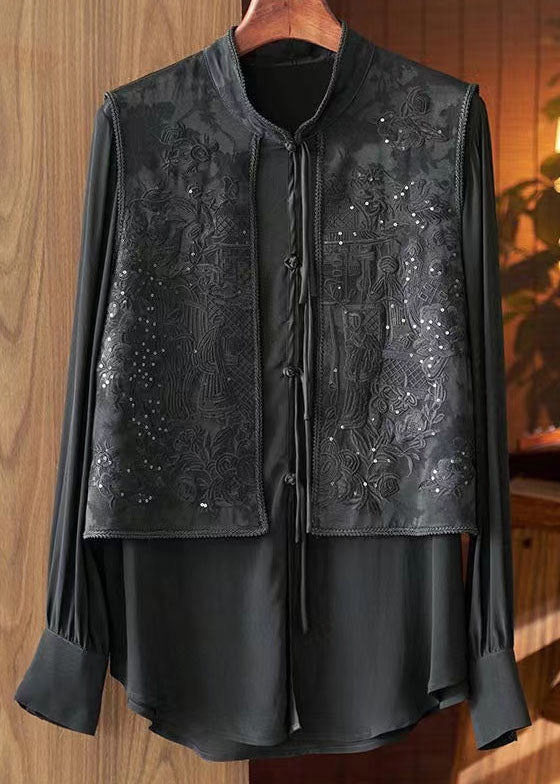 French Black Stand Collar Embroideried Patchwork Silk Blouses Spring Ly1672
