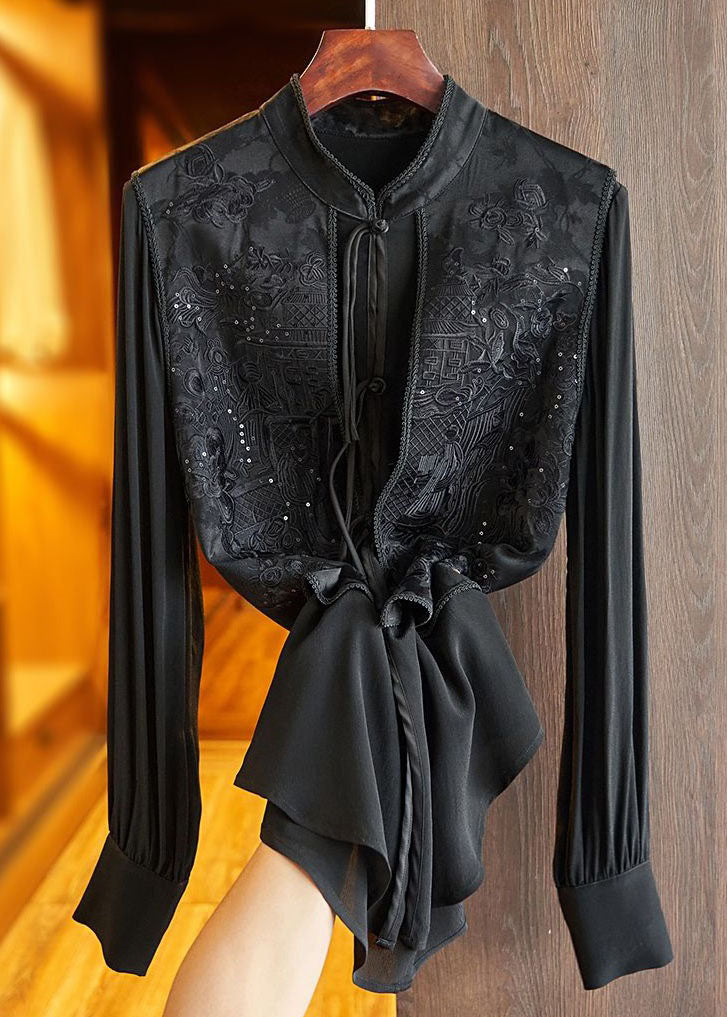 French Black Stand Collar Embroideried Patchwork Silk Blouses Spring Ly1672